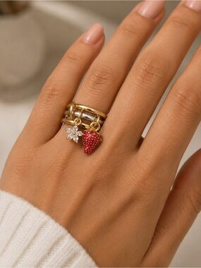 Strawberry Charm Ring Gold Stackable Statement Fashion Ring